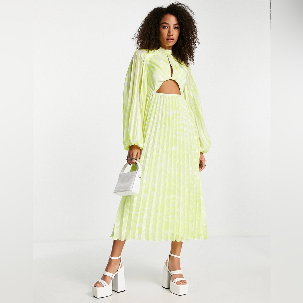 ASOS Knot front high neck cutout pleated midi dress in yellow textured stripe